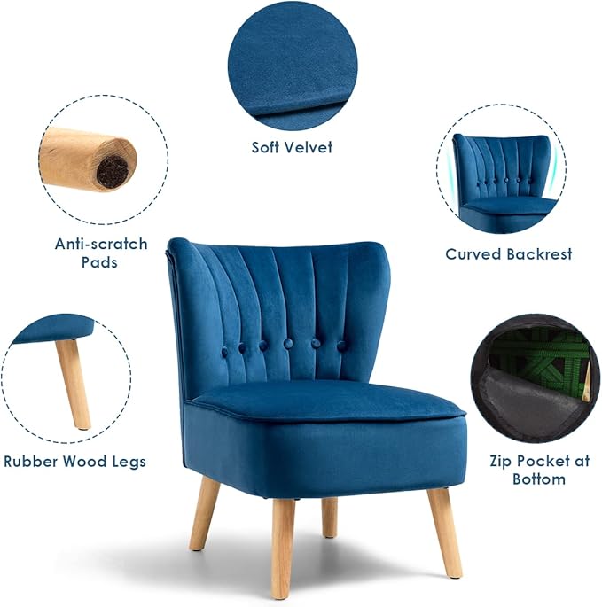 S AFSTAR Armless Accent Chair Wingback Velvet Sofa Chair with Solid Rubber Wood Legs &amp Thick Padded Seat Upholstered Leisure Club Chair for Living Room Guest Room Coffee Shop (2 Blue)