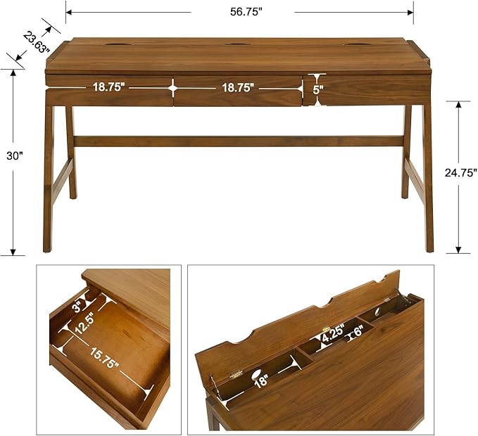 Walnut Wood Desk with Drawers Home Office Desk Mid Century Modern Writing Table for Bedroom Vanity Living Room Study Workstation