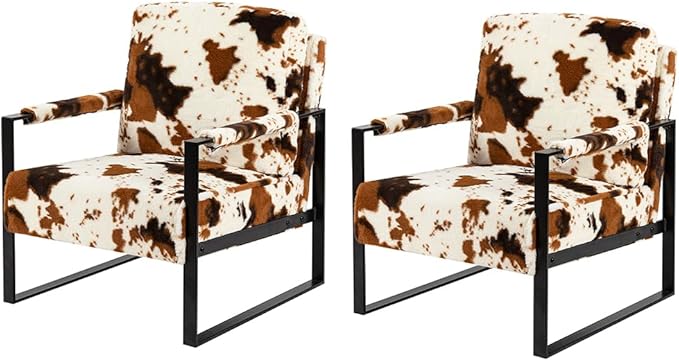 GIA Mid Century Modern Accent Chair Upholstered in Faux Fur Armchair with Black Metal Basefor Living Room Bedroom Home Office Set of 2 Brown Cow Print