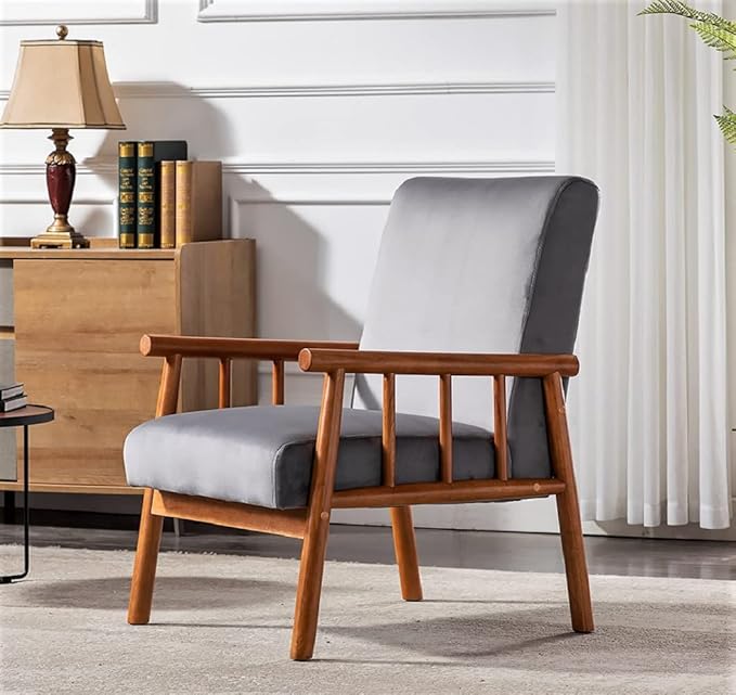 Container Furniture Classic Living Room Mid Century Modern Accent Chair with Unique Open-Framed Arm Design and Solid Wood Frame Velvet Armchair Grey