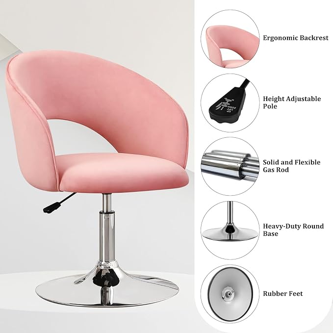 Furniliving Vanity Chair Contemporary Height Adjustable Round Velvet Back Tilt Swivel Accent Chairs 360° Swivel Makeup Chair with Chrome Frame Charming Stool Lounge Pub Bar (Pink)