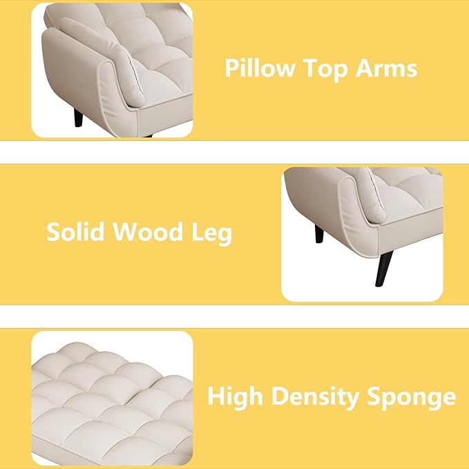 Velvet Futon Sofa Couch Bed with 2 Pillows Convertible Folding Futon Couch with Adjustable Backrest Love Seat Sleeper Sofa Bed for Small Spaces Living Room Office Apartment (Beige)