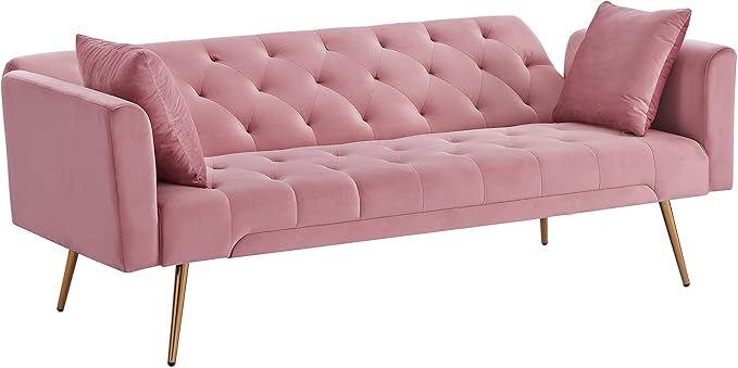 Anwick 72''Modern Velvet Sofa Bed FutonConvertible Folding Sleeper Couches with 3 Adjustable BackrestsTufted Recliner Love Seat Golden Chrome Legs for Living Room Apartment Office (Pink+pillows)