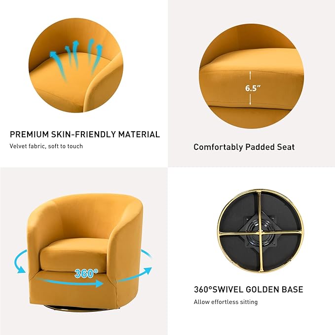 HULALA HOME Swivel Accent Chair with Gold Metal Base Contemporary Velvet Curved Swivel Barrel Chair Upholstered Club Armchair Leisure Single Sofa for Living Room Nursery Bedroom(Mustard)