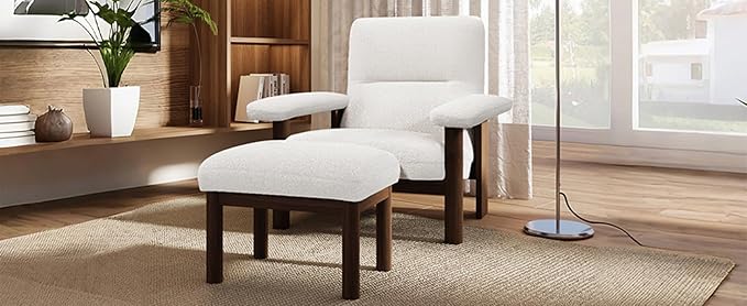Modern Accent Chair with Ottoman Mid Century Lounge Chair with footrest Comfy Fabric Armchair Upholstered Set with Solid Wood e for Living Room