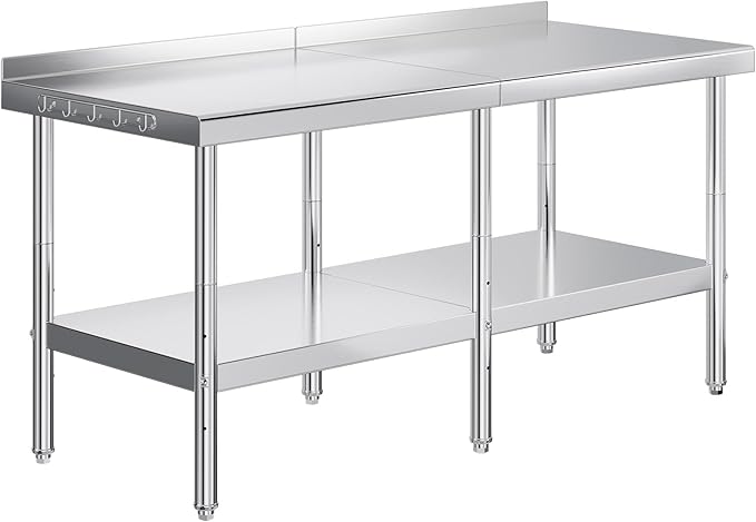 Jocisland 30 x 72 Stainless Steel Table for Prep &amp Work NSF Certified with Backsplash Adjustable Under Shelf &amp Safe Design for Restaurant Home and Outdoor