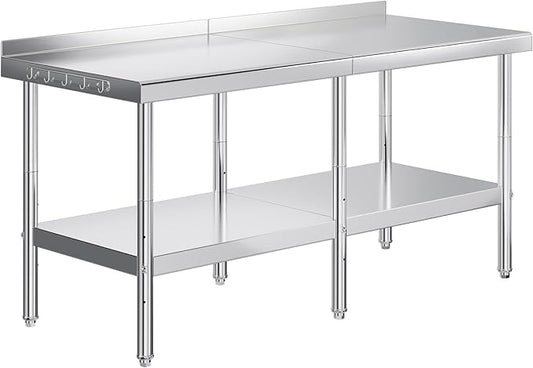 Jocisland 30 x 72 Stainless Steel Table for Prep &amp Work NSF Certified with Backsplash Adjustable Under Shelf &amp Safe Design for Restaurant Home and Outdoor