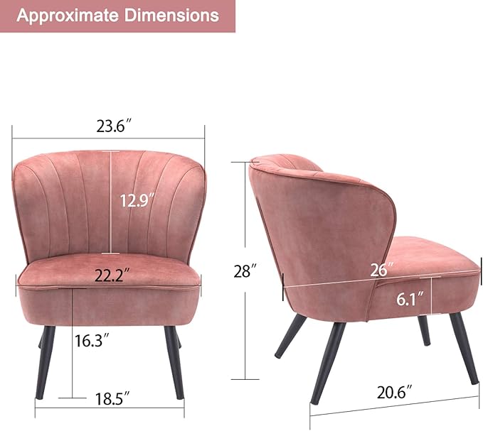 DUHOME Living Room Chair Armless Slipper Accent Chair Sofa Chair Reading Chair Upholstered Velvet Fabric for Bedroom Pink