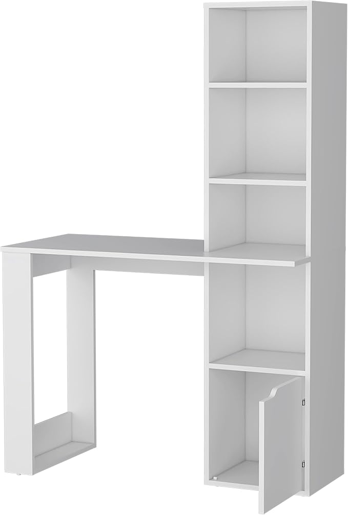 Home Office Desk Computer Desk with 4-Tier Bookcase and 1-Door Cabinet White