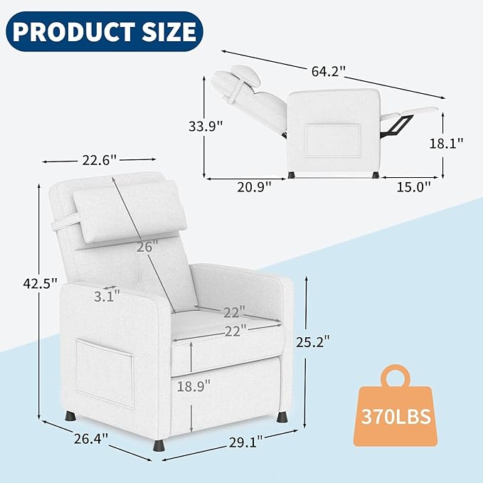 PeakPursuit Power Recliner Chair with Electric Adjustable Back USB Port &amp Side Pockets Single Overstuffed Recliner Chair for Living Room Bedroom or Home Theater Beige White
