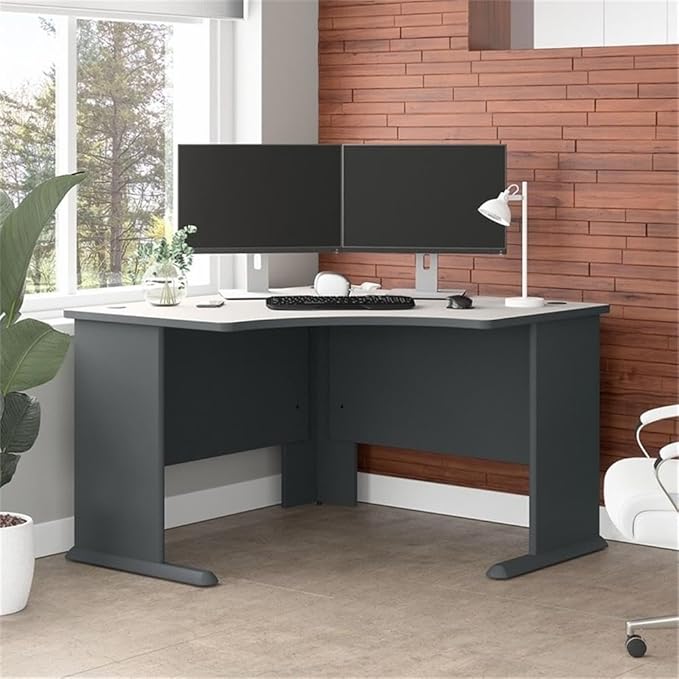 BOWERY HILL 48 Engineered Wood Corner Desk Slate Gray and White Finish Scratch-Resistant Laminate Surface Curved Work Area Built-in Wire Management Transitional Office Desk for Small Spaces