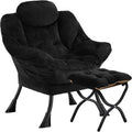 Lazy Chair with Folding OttomanLeisure Sofa ChairSoft Fabric Armchair with Armrests and Side Pockets Reading Chair with Footrest for Living Room Bedroom Office (Plush Black)