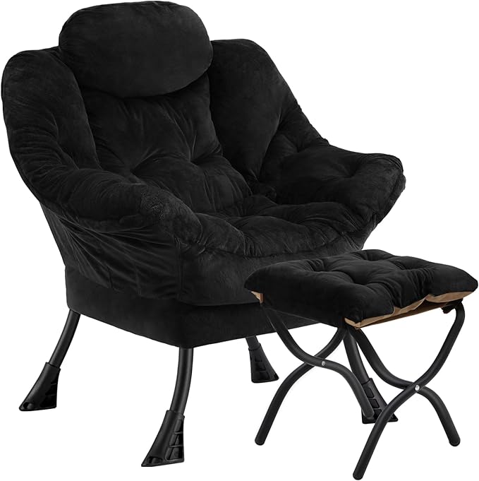 Lazy Chair with Folding OttomanLeisure Sofa ChairSoft Fabric Armchair with Armrests and Side Pockets Reading Chair with Footrest for Living Room Bedroom Office (Plush Black)