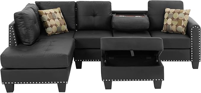 3-Piece Sectional Couch Set L Shape 98 Wide Sofa for Living Room with 2 Cup Holders and Storage Ottoman for Home Furniture Room Decor Black