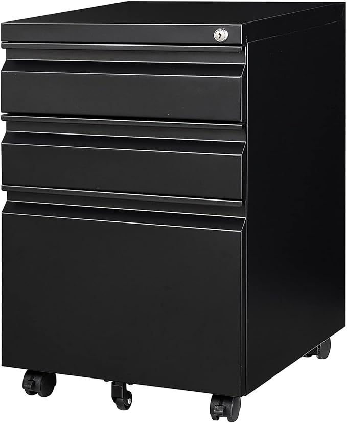 Yizosh 3 Drawer Mobile File Cabinet with Lock Black Under Desk Rolling Filing Cabinet Metal Locking File Cabinet on Wheels for Legal/Letter/A4 File (Required Assemble)