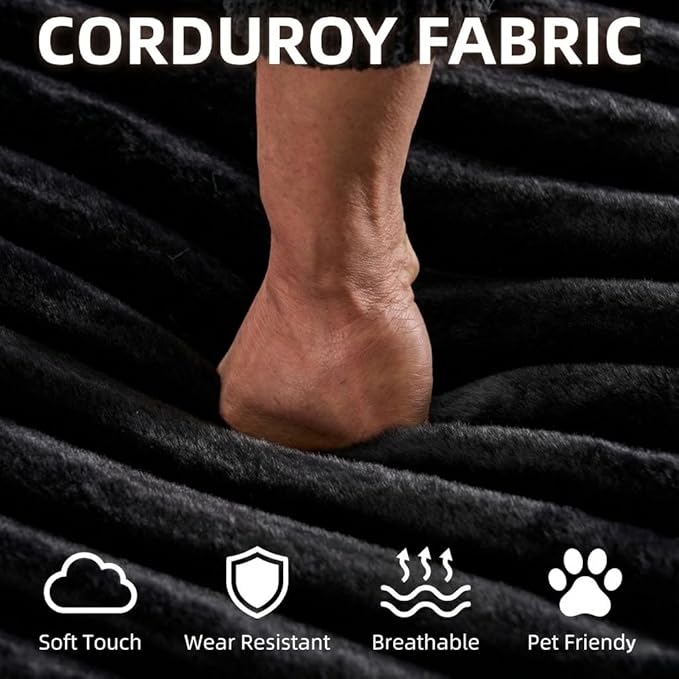 Oversized Upholstered Chaise Lounge Chair Indoor Corduroy Deep Seat Accent Chair Plush Boneless Barrel Sofa Chair for Living Room Bedroom Apartment (Black 57 Inch)