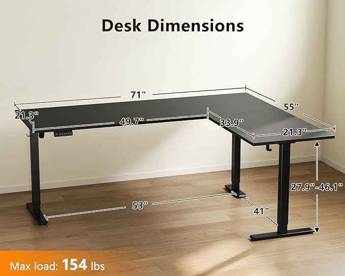 Casaottima 71 Inch Reversible Electric L Shaped Standing Desk Height Adjustable Corner Stand up Desk Ergonomic Large Lift Table for Home Office Workstation Reception Room Black