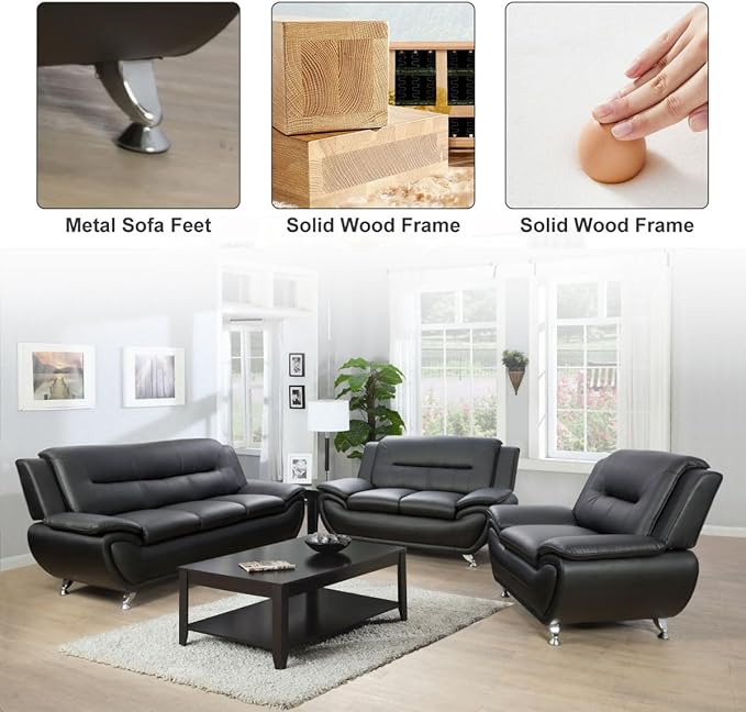 Lounge Comfy Faux Leather Sofa Modern Couch for Small Living Room/Dorm/Bedroom/Office/Apartment for Small Spaces (Black-2 Single Seat)