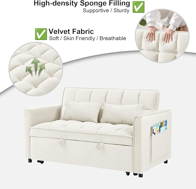 3 in 1 Convertible Sofa Bed Pull Out Couch with Adjustable Backrest Velvet Sleeper Sofa Loveseat with Pillows and Side Pockets for Living Room Bedroom Apartment Beige