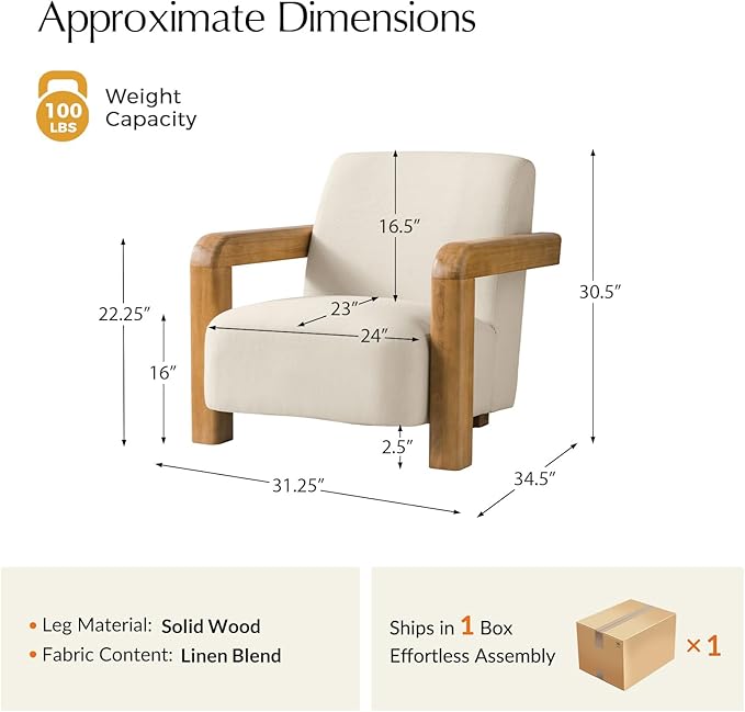 HULALA HOME Boucle Accent Chair Modern Low-Profile Leisure Armchair with Thick Padded Seat Cushion Solid Wood Frame &amp Curved Armrests Ideal for Living Room/Bedroom/Reading Corner(Linen)