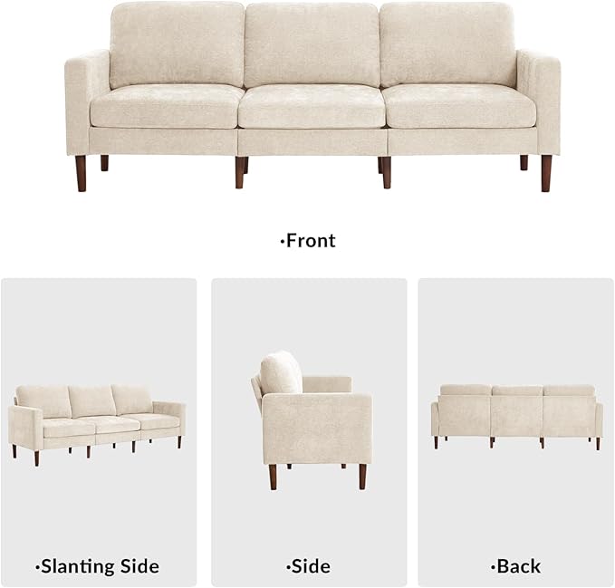 Kingfun 91.7 3 Seater Sofa Chenille Couch Mid Century Modern Couches with Solid Wood Legs for Living Room &amp Bedroom Beige