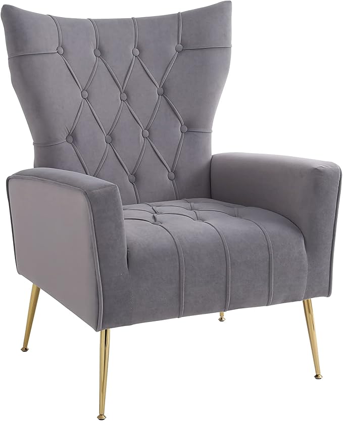 Velvet Accent Chair with Ottoman Modern Sherpa Chair with High Backrest and Armrest Upholstered Reading Chair with Ottoman Set Comfy Living Room Chair with Metal Leg for Bedroom (Grey)