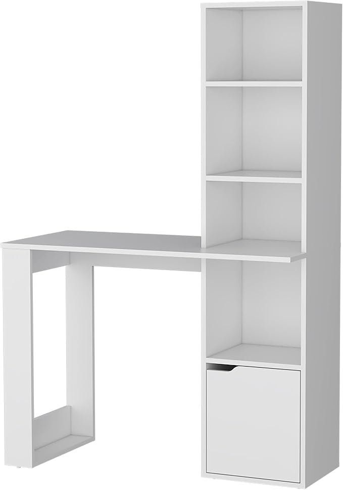 Home Office Desk Computer Desk with 4-Tier Bookcase and 1-Door Cabinet White