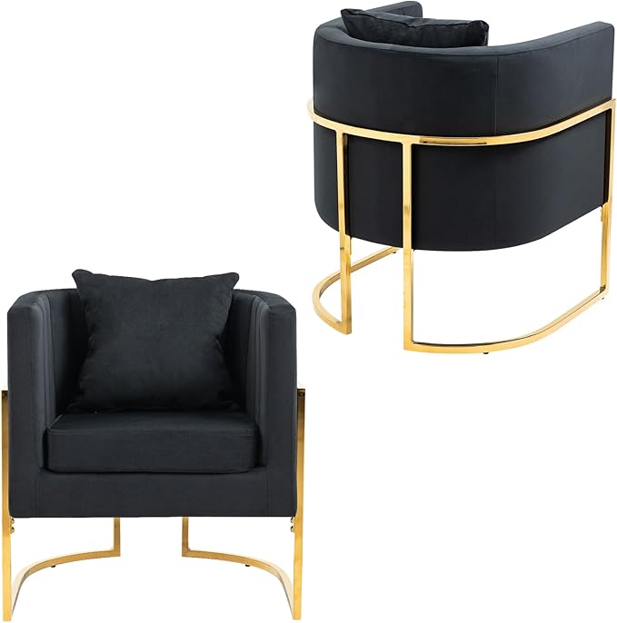 Velvet Modern Accent Chair Upholstered Barrel Armchair Mid Century with Pillow for Living Room Comfy Single Vanity Chair with Metal Gold Legs for Bedroom Black
