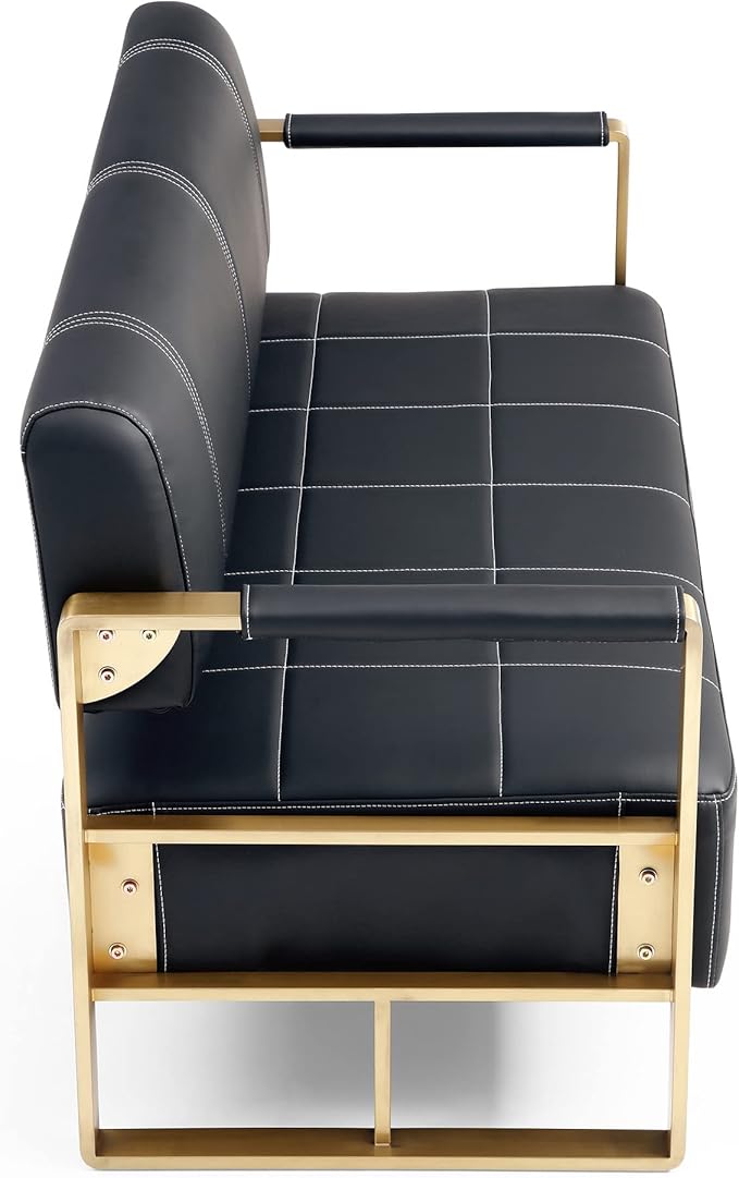57.9 Modern Leather Loveseat Sofa Upholstery Faux Bonded Leather Accent Futon Couch with Metal Square Arms for Living Room Office Apartment (Black)