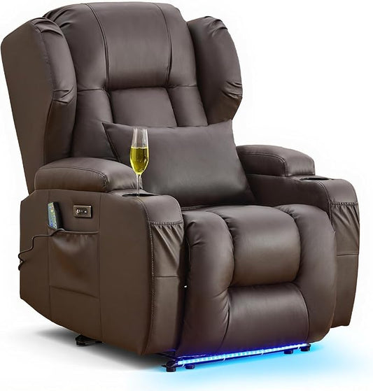 IPKIG Power Recliner Chair with Massage and Heat Electric Recliner for Living Room Home Theater Bedroom with LED Lights USB Charger Cup Holders Side Pockets &amp Lumbar Pillow (1 Brown)