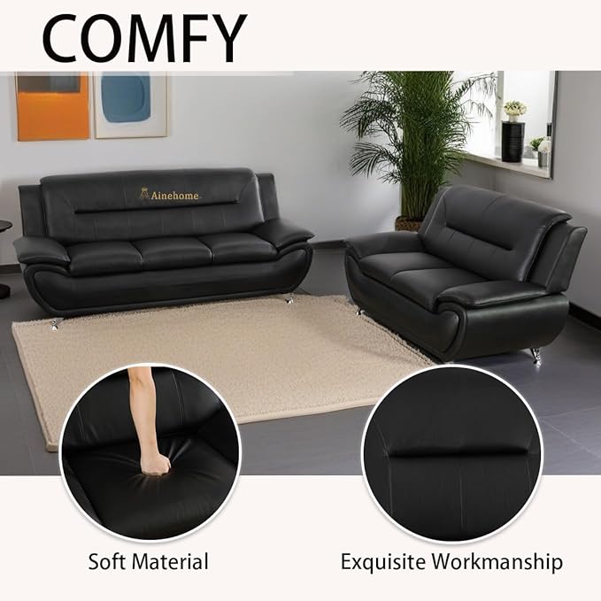 A Ainehome Sectional Sofa Sets Living Room Furniture Sets Modern Faux Leather Sofa Couch 5-Seat Sofa for Living Room(A-Black Sofa+Loveseat)