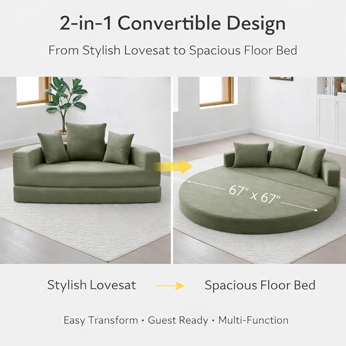 Convertible Round Sofa Bed 67 Corduroy Upholstered Loveseat Sleeper Couch Pull-Out Floor Bed with 3 Pillows No Assembly 550 lbs Weight Capacity(Green)