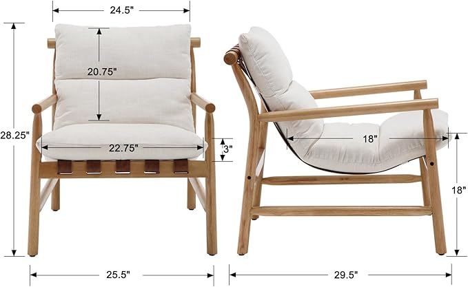 Kmax Modern Sling Accent Chair Mid-Century Linen Living Room Chair Comfy Lounge Chair Solid Wood Frame Chair with Armrest for Reading Room Backyard Beige