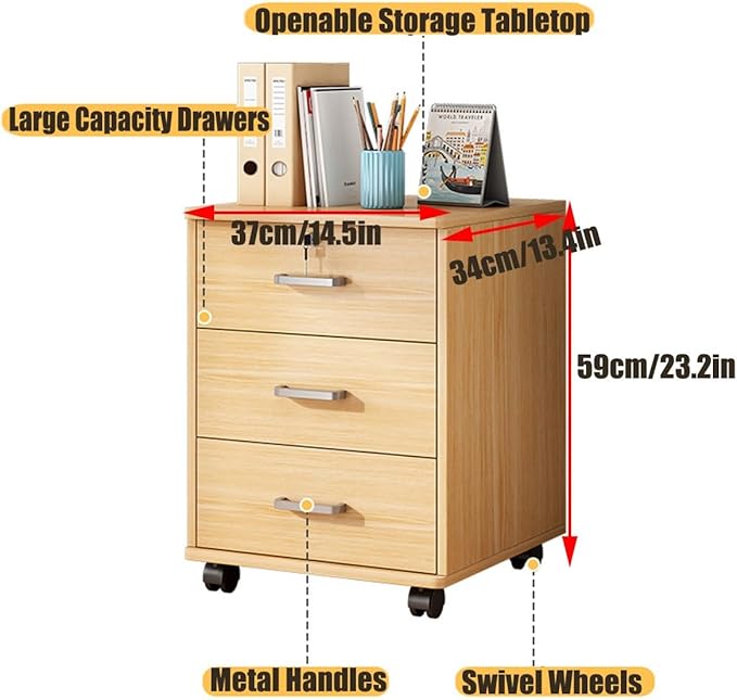 3 Drawer Mobile File Cabinet Under Desk Storage Organizer with Lock Wooden 14.5'' Extended Desktop Small Rolling Filing Cabinet for Home Office Makeup Organization Letters/A4(Oak)