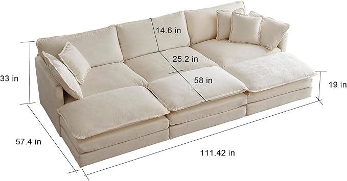 KEIKI 112 Oversized Chenille Modular Cloud Sectional Sofa with 3 Ottoman High-Density Foam Cushion Modern Style 3-Seater Fluffy Corner Couch with 5 Pillow for Apartment Living Room Beige