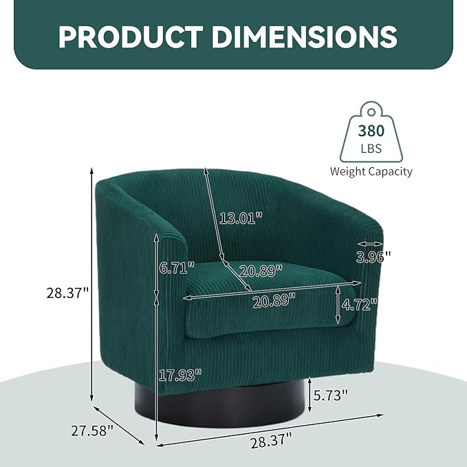 Swivel Accent Chair 360° Swivel Barrel Chair Comfy Upholstered Corduroy Club Armchair for Living Room Reading Room Bedroom (Dark Green)