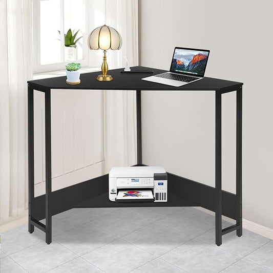 Corner Computer Desk Small Modern Laptop Desk w/Outlets Triangle Table w/Storage Shelf for Small Space for Home Office Student Dormitories Bedroom Game Room Study Room Workstation (Black)