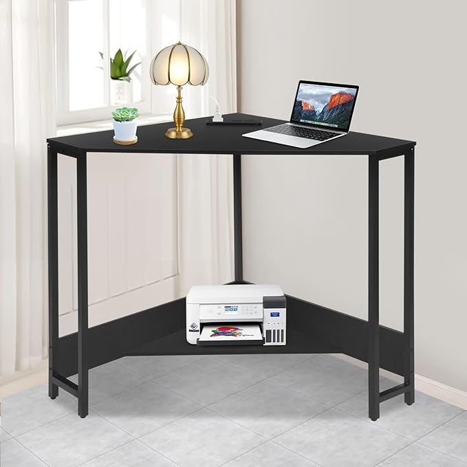 Modern Corner Desk Small Computer Desk with Outlets Office Desk Workstation 90 Degrees Triangle Table for Small Space Bedroom Living Room
