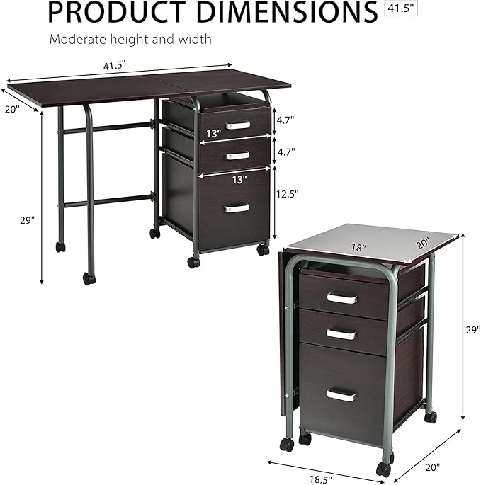 GRAFFY Computer Desk Small Laptop Work Desk w/Folding Table top &amp 3 Storage Drawers Collapsible Desk w/6 Wheels Writing Workstation Laptop Table for Home Office Brown (Brown)