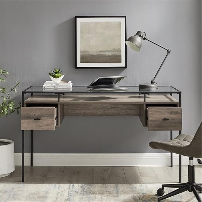 Pemberly Row 56 2-Drawer Writing Desk Tempered Glass Top and Gray Wash Finish Mixed Materials with Metal Frame Modern Executive Desk for Home Office or Workspace Use