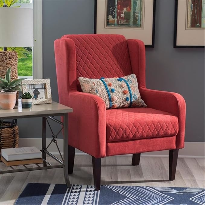 Linon Paulo Upholstered Wingback Accent Chair with Quilted Back &amp Seat in Rust