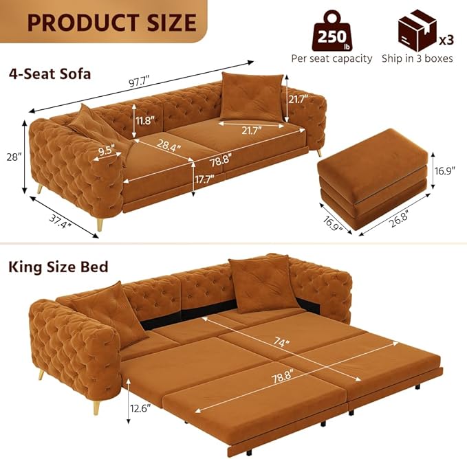 97.7 King Pull Out Sofa Bed Velvet Chesterfield Sleeper Sofa Couch 3 in 1 Convertible Tufted Futon Couches with Ottoman for Living Room Small Space Apartment Office Bedroom Orange
