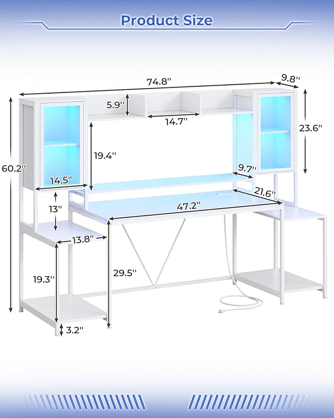 SEDETA Gaming Desk 74.8'' with LED Lights Hutch and Storage Shelves Computer Desk with Monitor Stand Large PC Gamer Desk Workstation Ergonomic Gaming Table for Bedroom Living Room White