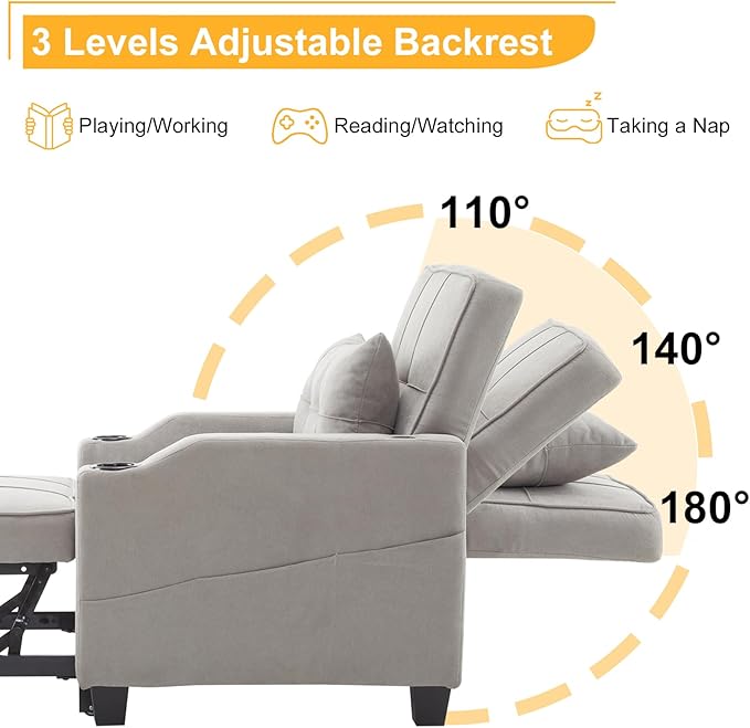Karl home Sleeper Chair Convertible Sofa Bed with USB/Type C Ports 3-in-1 Pull Out Sofa Bed Adjustable Reading Chair with Cup Holders Linen Light Gray