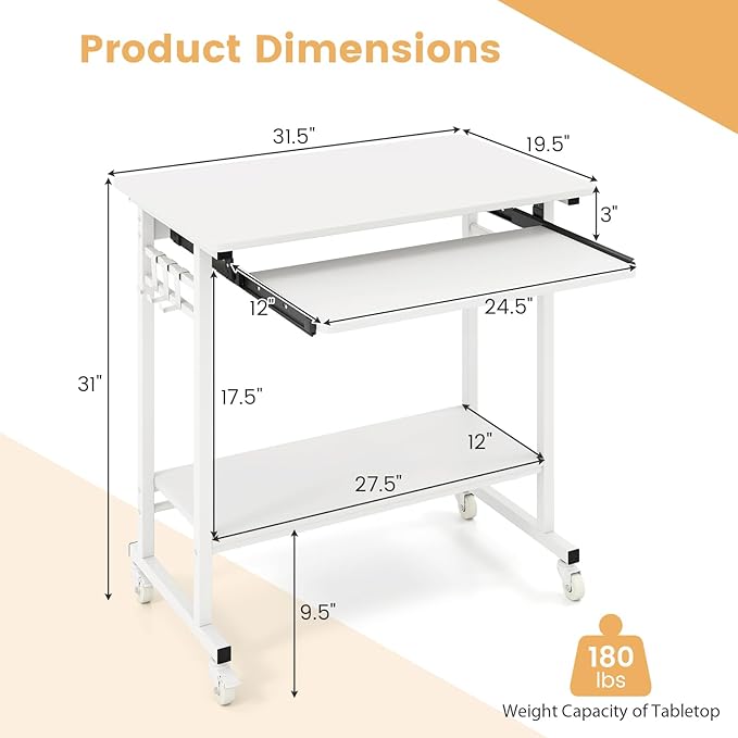 Giantex Rolling Computer Desk Mobile Portable Desk with Keyboard Tray &amp Wheels Laptop PC Table Cart with Shelf &amp Hooks Industrial Small Desk for Small Spaces Home Office Bedroom White