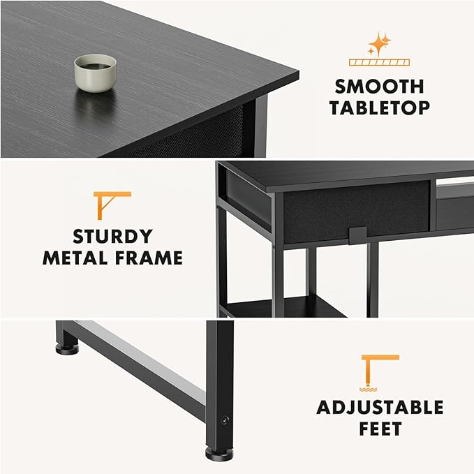 47 Inch Computer Desk with 2 Drawers Home Office Desk with Wooden Shelves Study Writing PC Table for Small Spaces Bedroom Dorm or Living Room Black