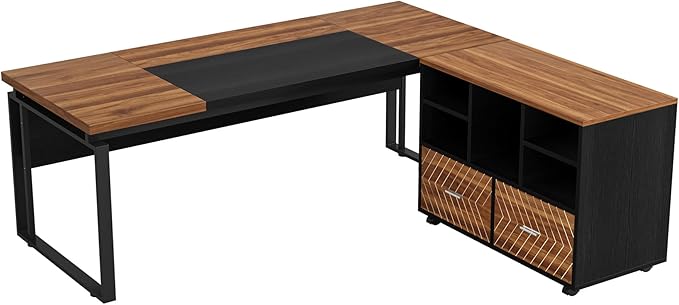 LITTLE TREE 63 L-Shaped Executive Office Desk with File Cabinet Combo Large Modern Office Desk for Home Office Reversible 2-Drawer Wood File Cabinet for A4/Letter Size Files(Brown &amp Black)