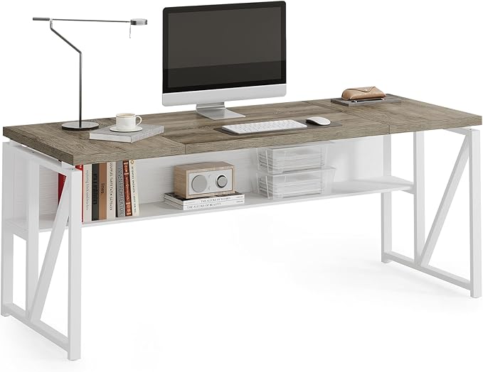 LITTLE TREE 63-Inch Executive Office Desk Large Computer Desk with Storage Shelf Executive Desk with Metal Frame Thickened Desktop Study Writing Desk Work Station for Home Office Grey + White