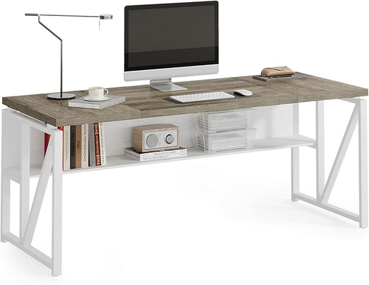 LITTLE TREE 63-Inch Executive Office Desk Large Computer Desk with Storage Shelf Executive Desk with Metal Frame Thickened Desktop Study Writing Desk Work Station for Home Office Grey + White