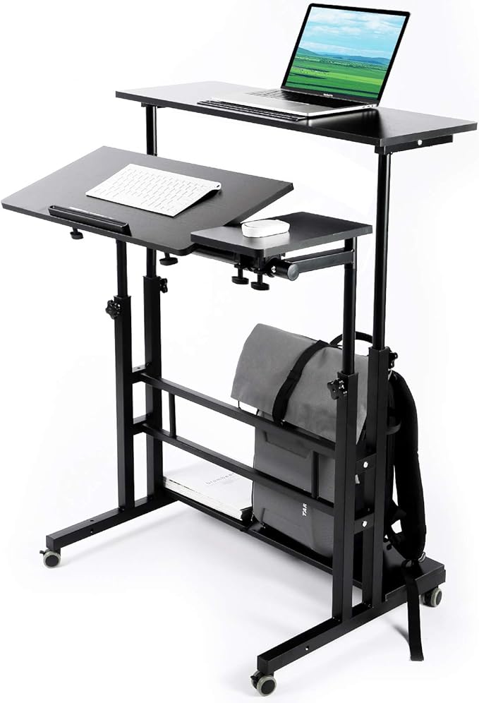 Portable Standing Desk Small Standing Desk with Wheels Standing Laptop Desk Mobile Standing Desk for Home Office Adjustable Standing Desk Stand Up Computer Desk Rolling Laptop Cart Black